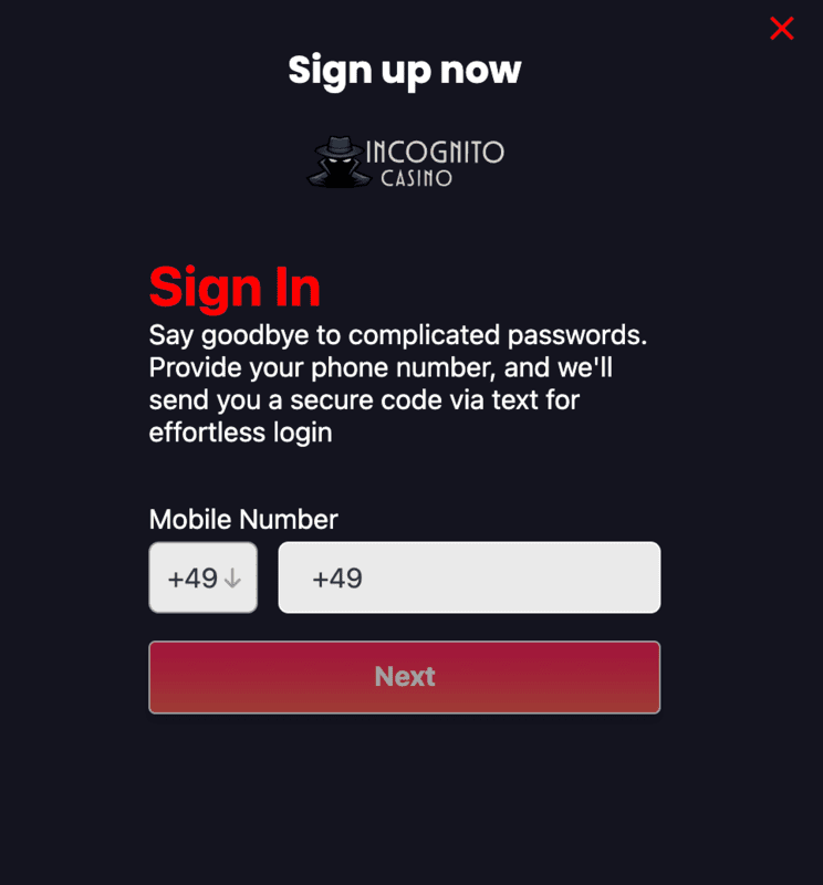 Registreringsformulär hos Incognito Casino